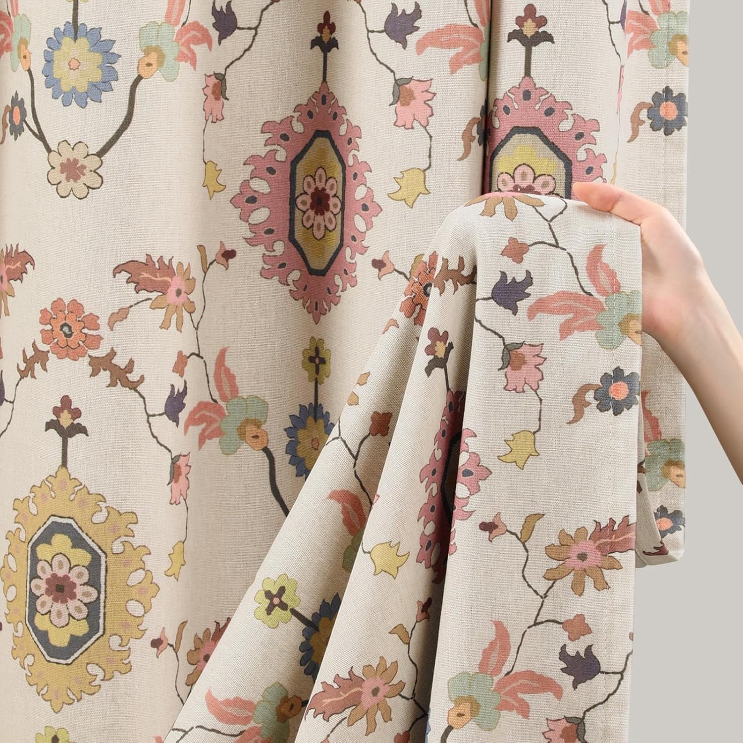 Boho Blackout Curtains Beige Window Treatment Drape 63 Inch Floral Printed Vintage Curtains for Living Room Bedroom with Grommet 1 Panel 52" W x 63" L