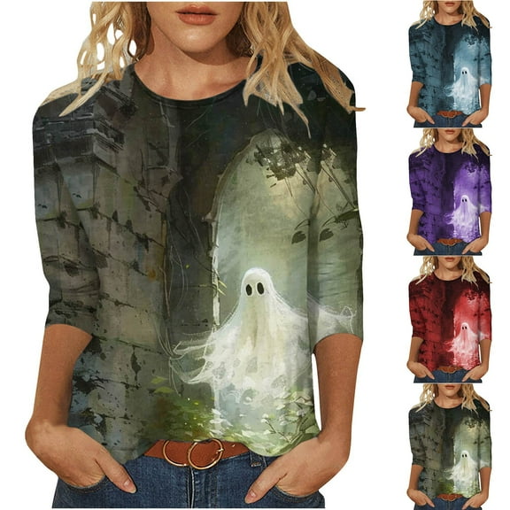VKOYWKM Women Tops Halloween 3/4 Sleeve T-Shirts Halloween Graphic Casual Crew Neck Fall Tunic Top