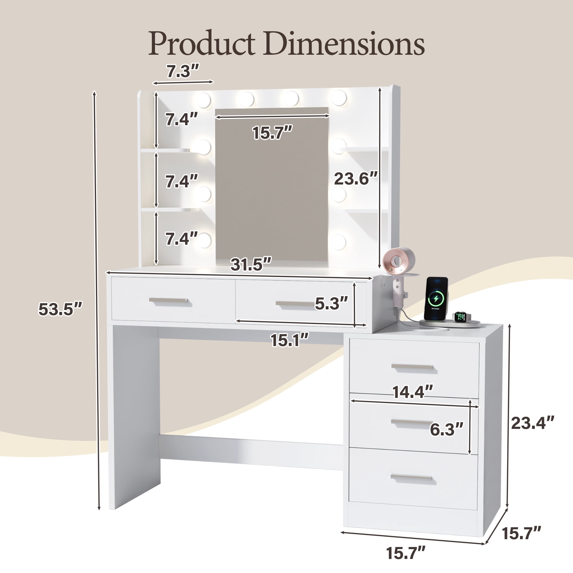 Homall Makeup Vanity Desk with LED Lights, Mirror & Power Outlet, Dressing Table with 4 Shelves and 5 Drawers, Vanity Set & Nightstand for Bedroom, White