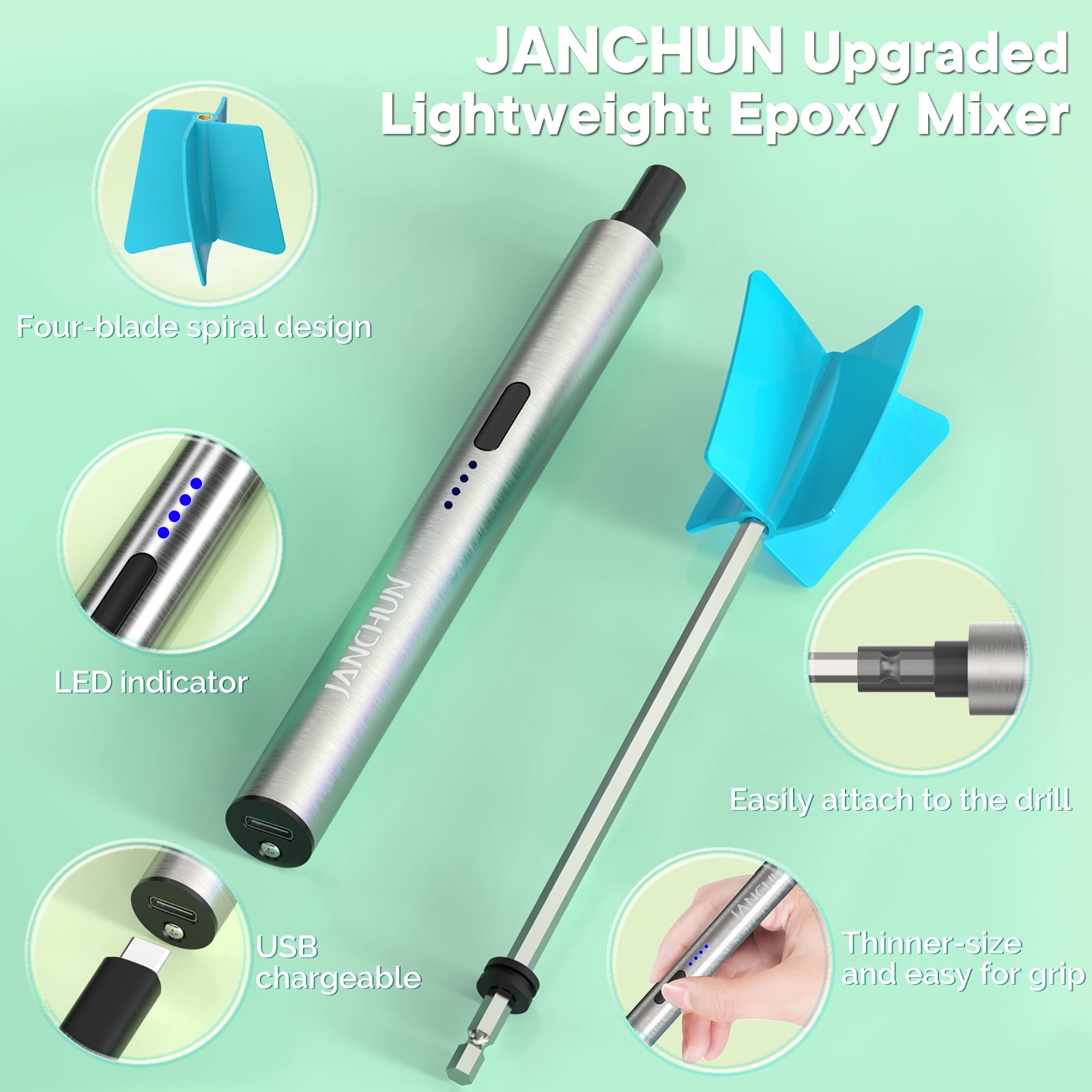 JANCHUN Lightweight Resin Stirrer Handheld Battery Powered Electric Epoxy Resin Stirrer, Resin Stirrer, Powerful Resin Stirrer, DIY Resin Casting Supplies (Includes 4 Stirring Sticks), Paint