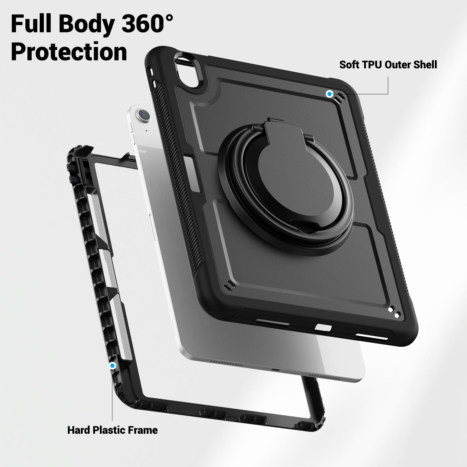 Shockproof Case for Apple iPad Air 11 Inch M3 M2 2025/2024, Rugged Hybrid Protective Cover with Pencil Holder & Shoulder Strap Kids Friendly Rotating Kickstand Case for iPad Air 11 Inch, Black