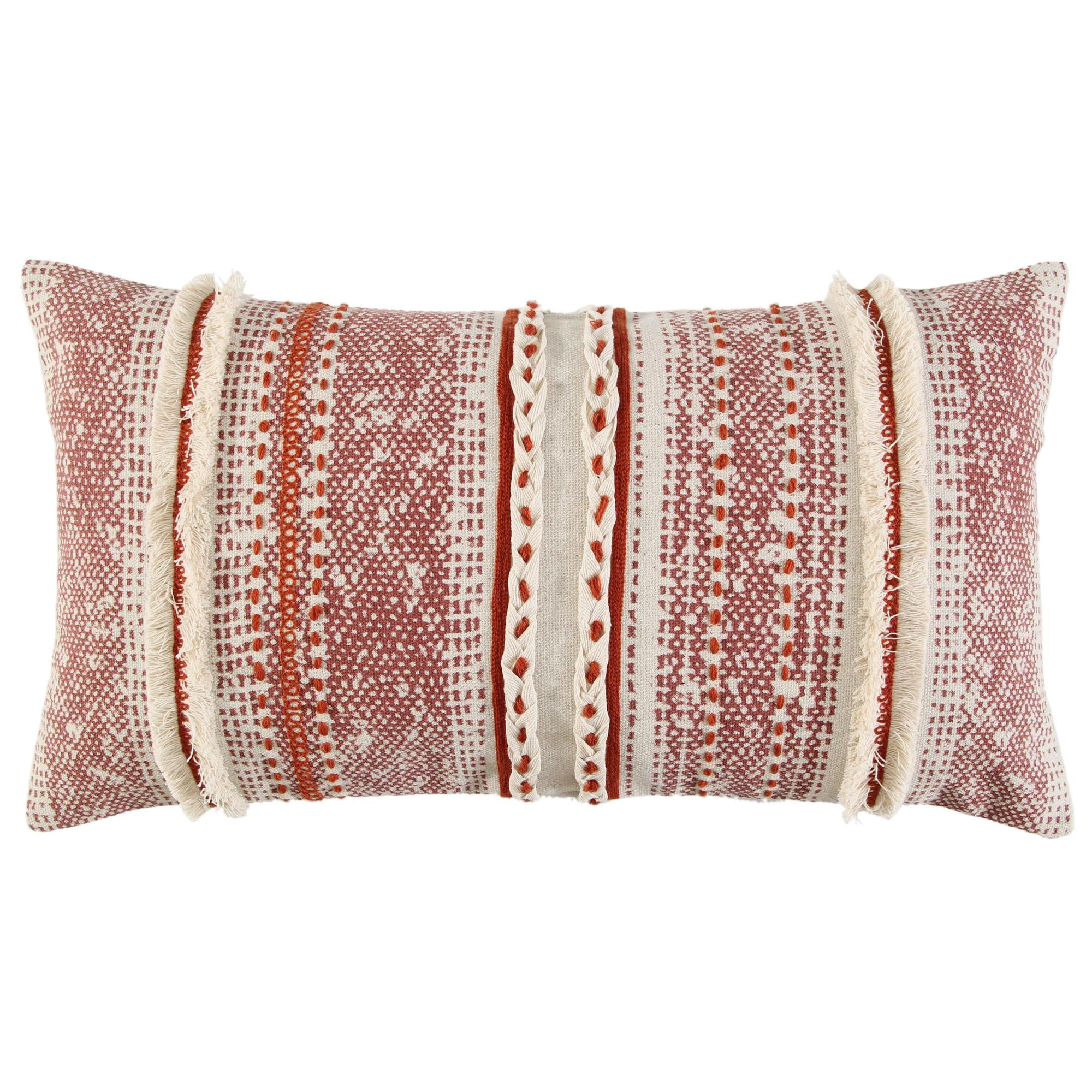 Decorative Maroon 22-inch Throw Pillow Cover Red Applique Bohemian Eclectic Cotton Linen One Removable