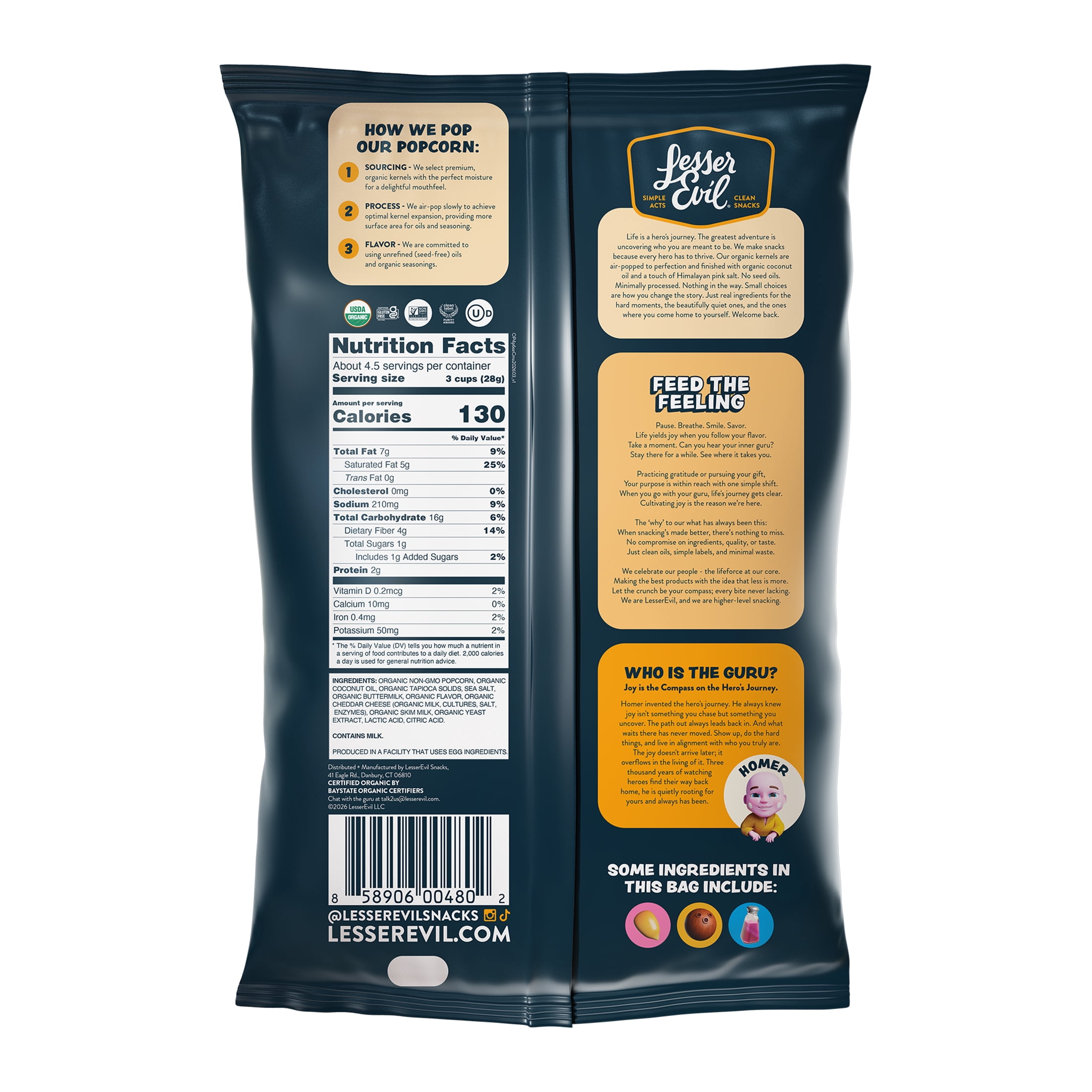 (6 pack) LesserEvil, Organic Popcorn, Non-GMO, Real Organic Cheddar - 4.6oz