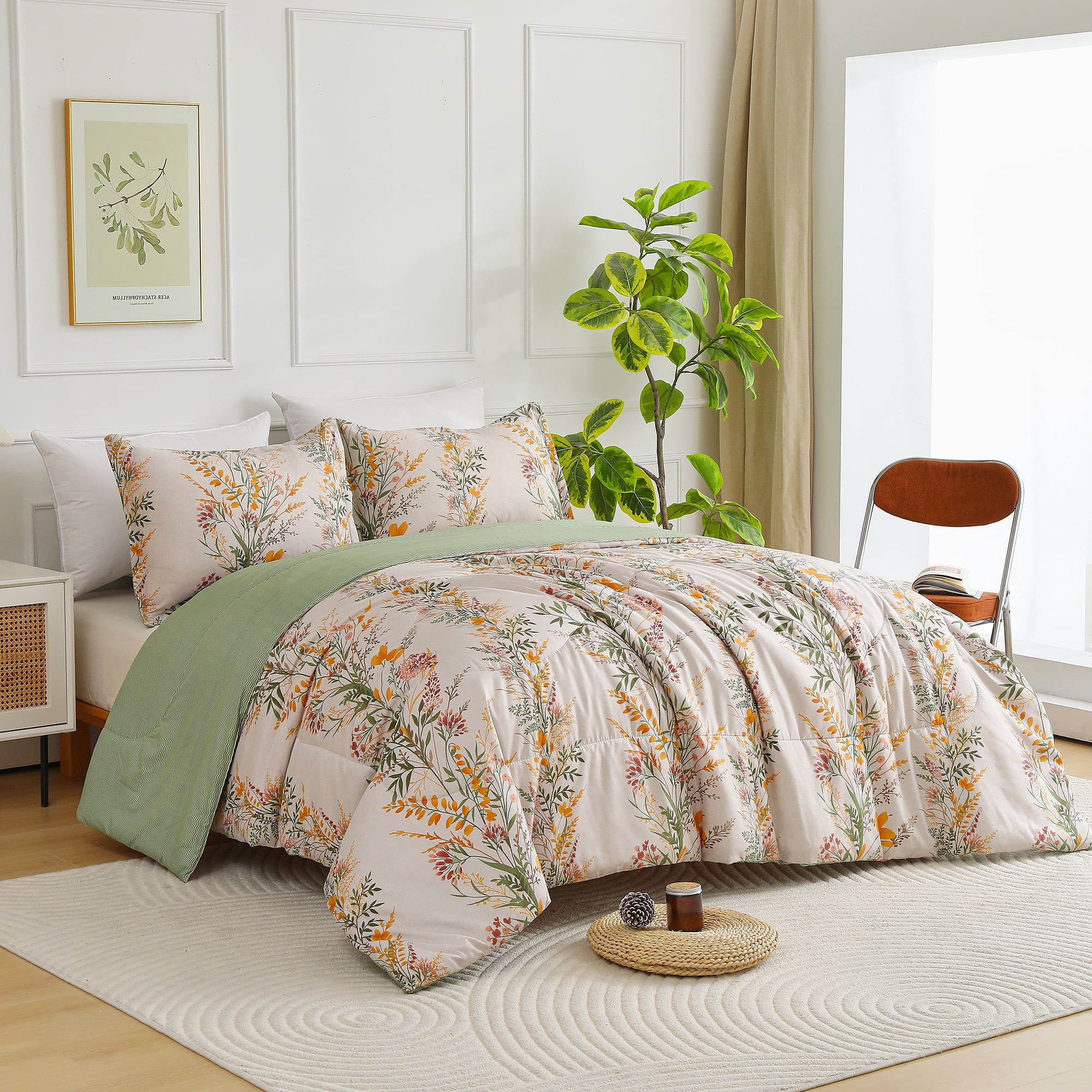 HGmart Yellow Green Floral Fragments Queen 3 Piece Comforter Set, Microfiber Filling, Luxury Soft Breathable Bed Set for All Seasons