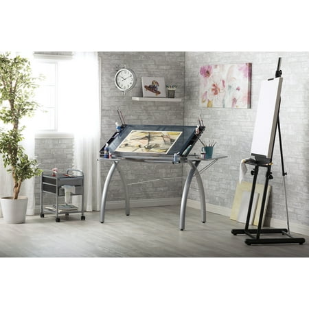 Studio Designs Hobby Center Studio Designs Futura Metal and Glass Hobby, Craft, Drafting Table, Desk with 38''W x 24''D Angle Adjustable Top and Folding Side Shelf in Silver / Blue Glass ()