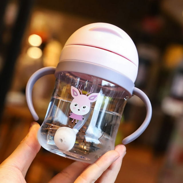 Biberón para bebés, taza para niños, vasos de silicona a prueba de fugas para niños, vasos para beber con mango de paja para bebés de dibujos animados (rosa) Rojo Verde