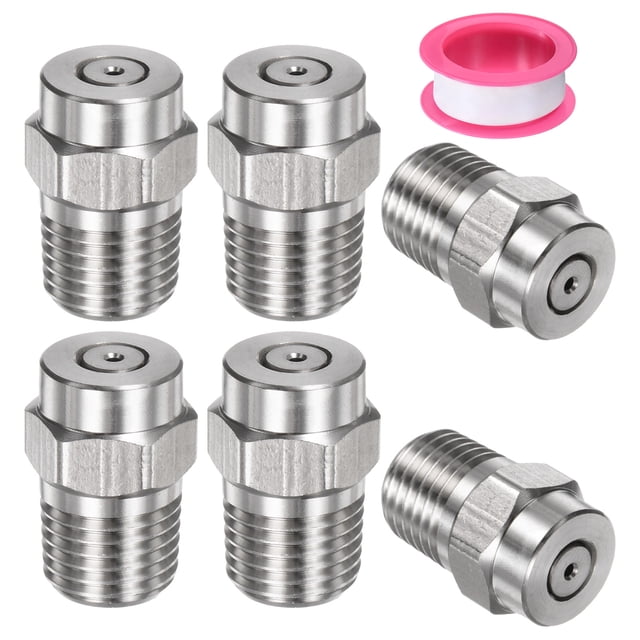 Uxcell 6 Paquete de Puntas de Limpieza de Superficie - Boquillas de Lavadora a Presión de 0 Grados 1/4" NPT Macho, Acero Inoxidable con Cinta de Sellado (Orificio de 1.382 mm)