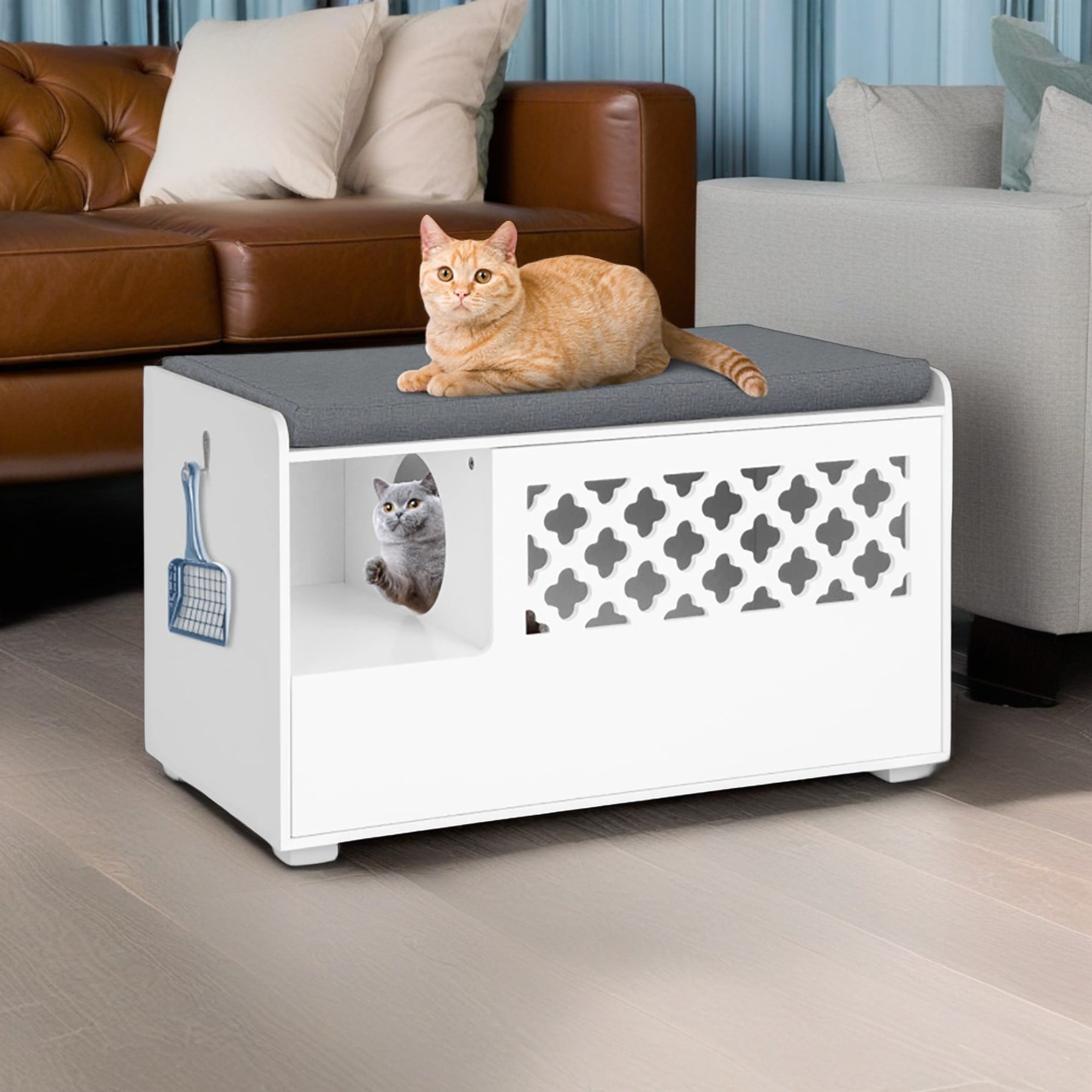 resenkos 35" Hidden Cat Litter Box Enclosure, Cat Litter Box Furniture with Removable Cushion and Front Open Door, Indoor Cat Box Cabinet, Cat Washroom for Kitty, White