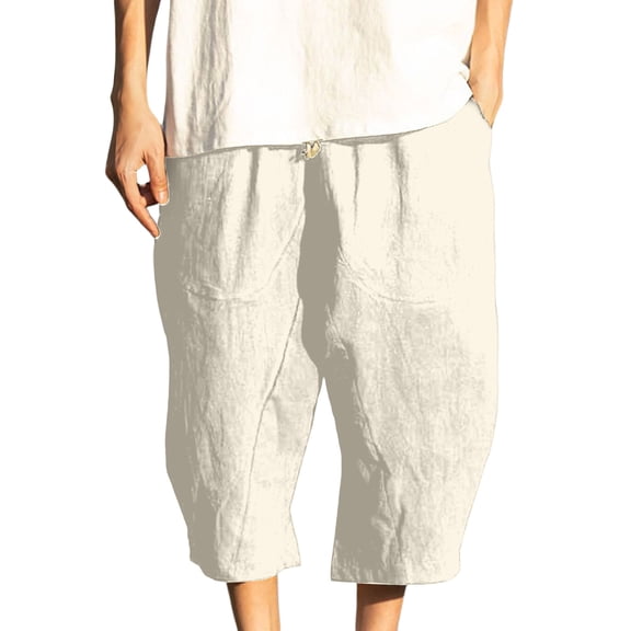 LODIENY Men's Linen Plus Size (M-5XL) Capri Pants Lightweight Loose Fit 3/4 Pant Elastic Waist Drawstring Harem Casual Beach Yoga Trousers Beige XXXXXL