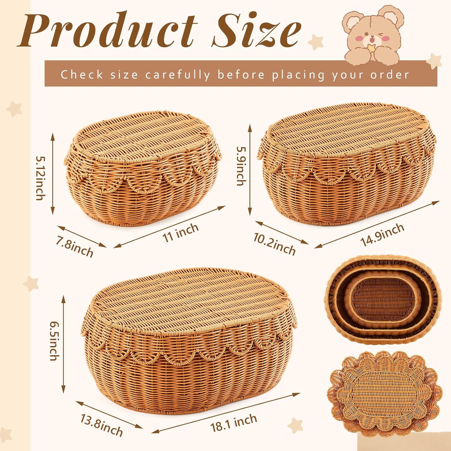 3 Pcs Scalloped Basket, Hand Woven Rattan Basket Set Round Wicker Basket with Lid 18 x 14 x 6 In Wicker Storage Basket for Storage Nursery, Baby, Clothes, Toys Bathroom Decor (S+M+L)