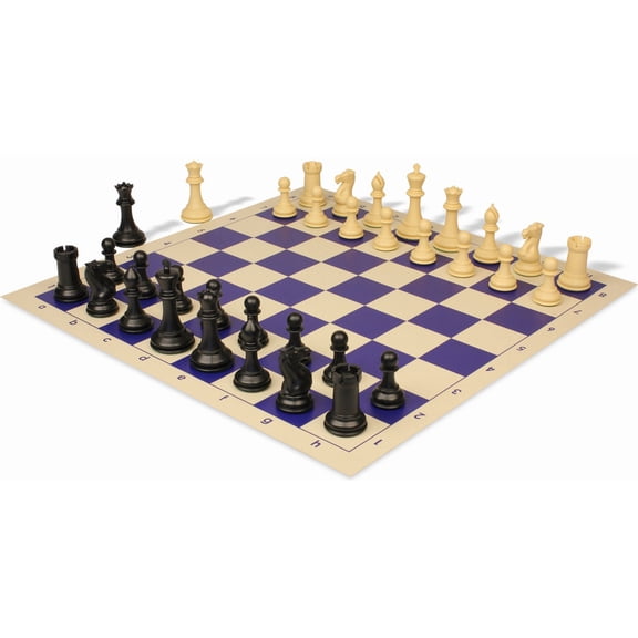 Conqueror Plastic Chess Set - Black & Camel Pieces with Rollup Board - Blue