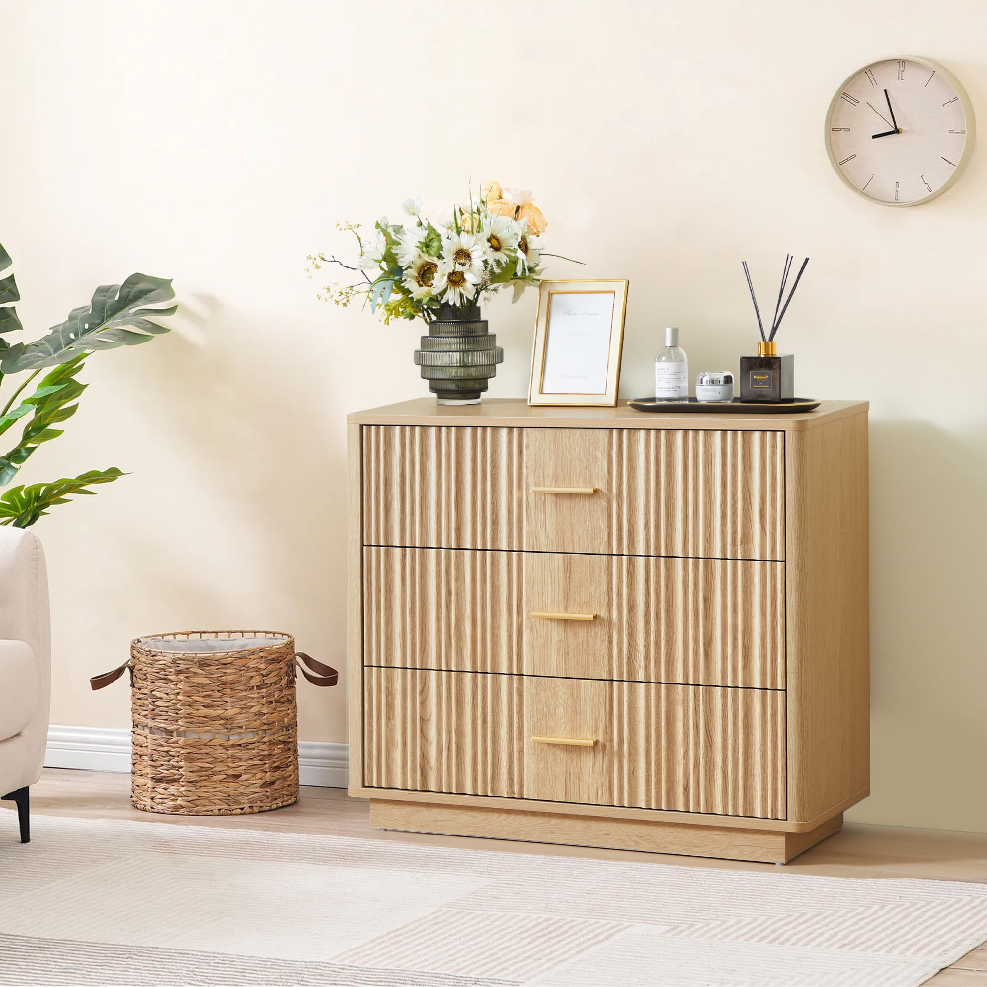 Weselon 3-Drawer Farmhouse Dresser with Waveform, Fully Assembled Nightstand Wooden Finish for Boho, Mid-century, Rustic Style,Oak
