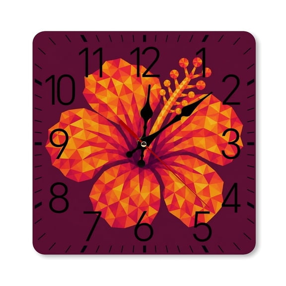 RKSupls 10×10inch Square Silent Wall Clock Wooden Frame, Geometric Hibiscus Flower Scale Decorative Clock for Home Bedroom Living Room Office