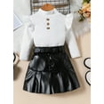 thumbnail image 2 of Suealasg Toddler Kids Girl Fall Winter 2Pcs Outfits Ruffles Long Sleeve Tops and Leather Pleated Skirt Set 1T 2T 3T 4T 5T 6T Little Girl Autumn Clothes Set, 2 of 7