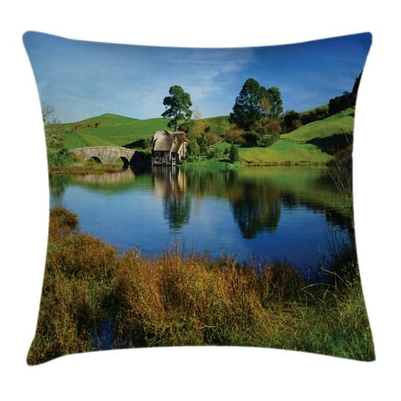 Hobbit House - Hobbits Throw Pillow Cushion Cover, Hobbit Land Village House by Lake with Stone Bridge Farmhouse Cottage New Zealand, Decorative Square Accent Pillow Case, 18 X 18 Inches, Green Blue, by Ambesonne
