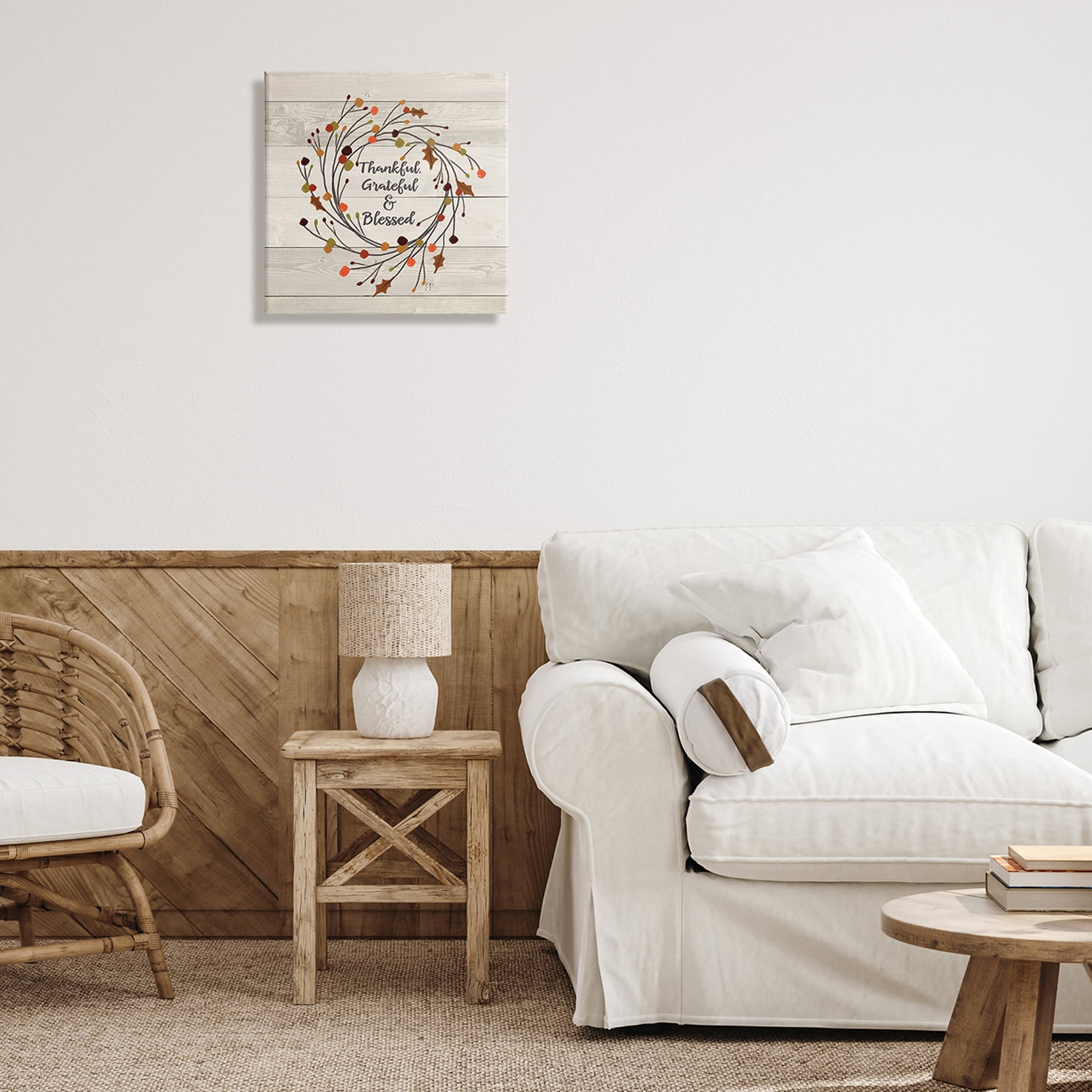Stupell Industries Thankful Grateful and Blessed Sentiment Autumn Thistle Branches Graphic Art Gallery-Wrapped Canvas Print Wall Art, 24x24, by Jo Moulton