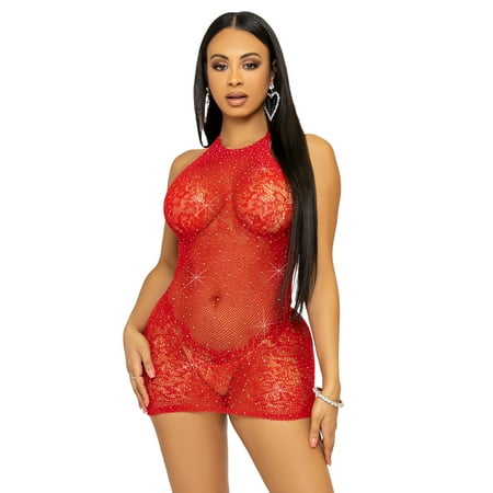 Rhinestone Lace and Net Mini Dress - One Size - Red