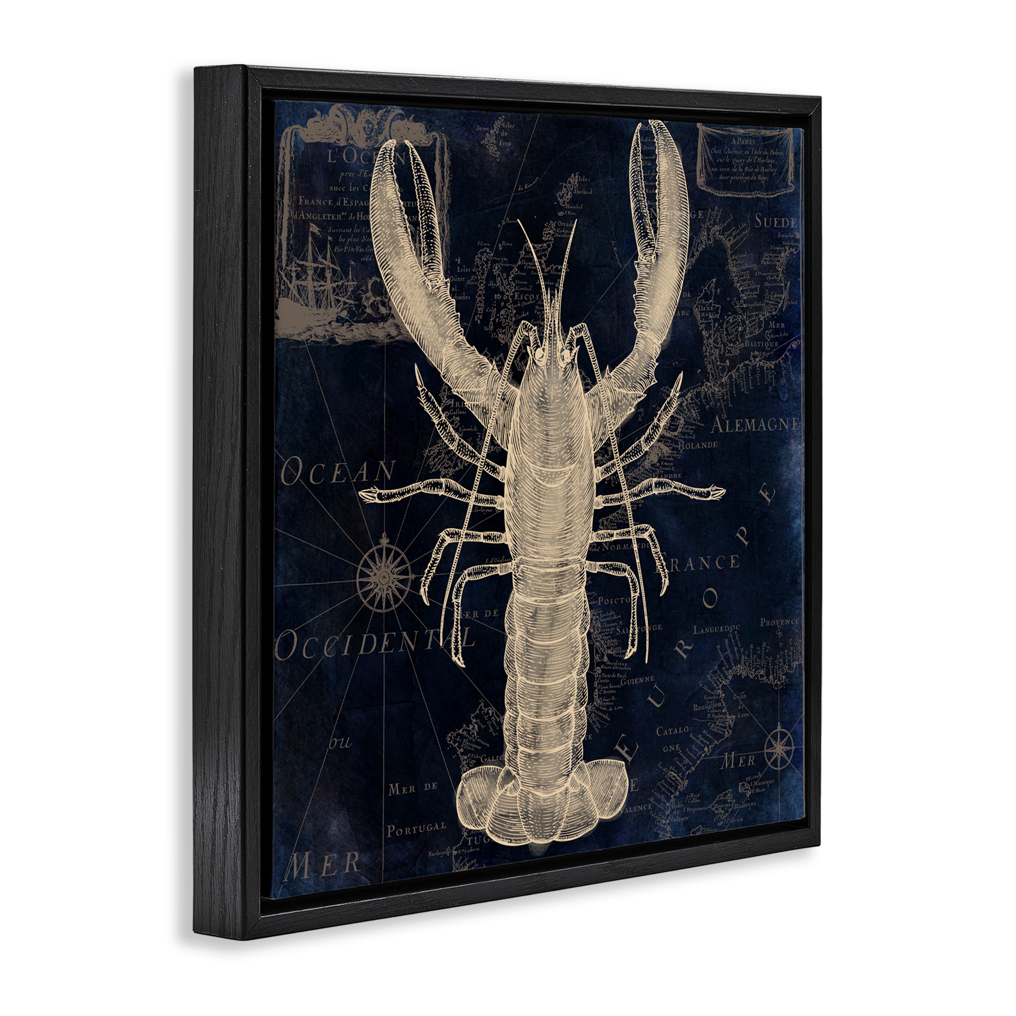 Lobster Contour over Map Black Framed Floater Canvas Wall Art, design by Sasha