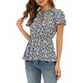 thumbnail image 4 of INSPIRE CHIC Women's Floral Print Short Sleeves High Waist Tie Neck Peplum Top M Dark Blue, 4 of 6