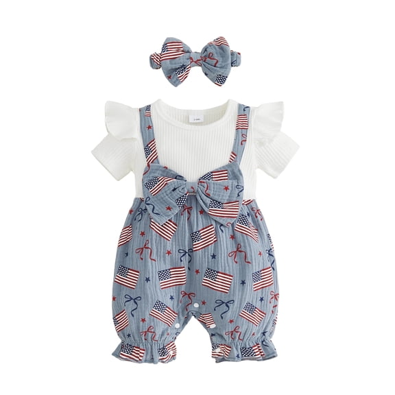 BemeyourBBs Baby Girl 4th of July Outfit Baby Girls Patriot Independent Day Clothes Summer Romper Flag Print Faux Two-Piece Cute Bow Short Sleeve Jumpsuit with Headband Set