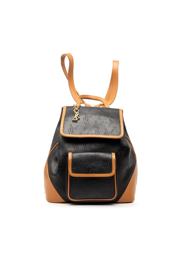 Pre-Owned Saint Laurent YSL logo monogram backpack, black and brown leather, for women.