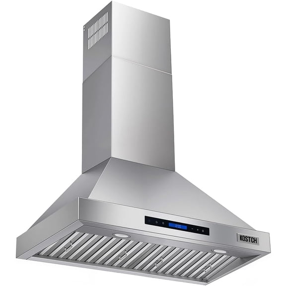 KOSTCH 30 inch Convertible Ducted Wall-Mount Range Hood, 600 CFM Kitchen Vent Hood with 3 Speed Exhaust Fan & LED Light, Kitchen Range Hood with Touchscreen Control Panel & Remote Control