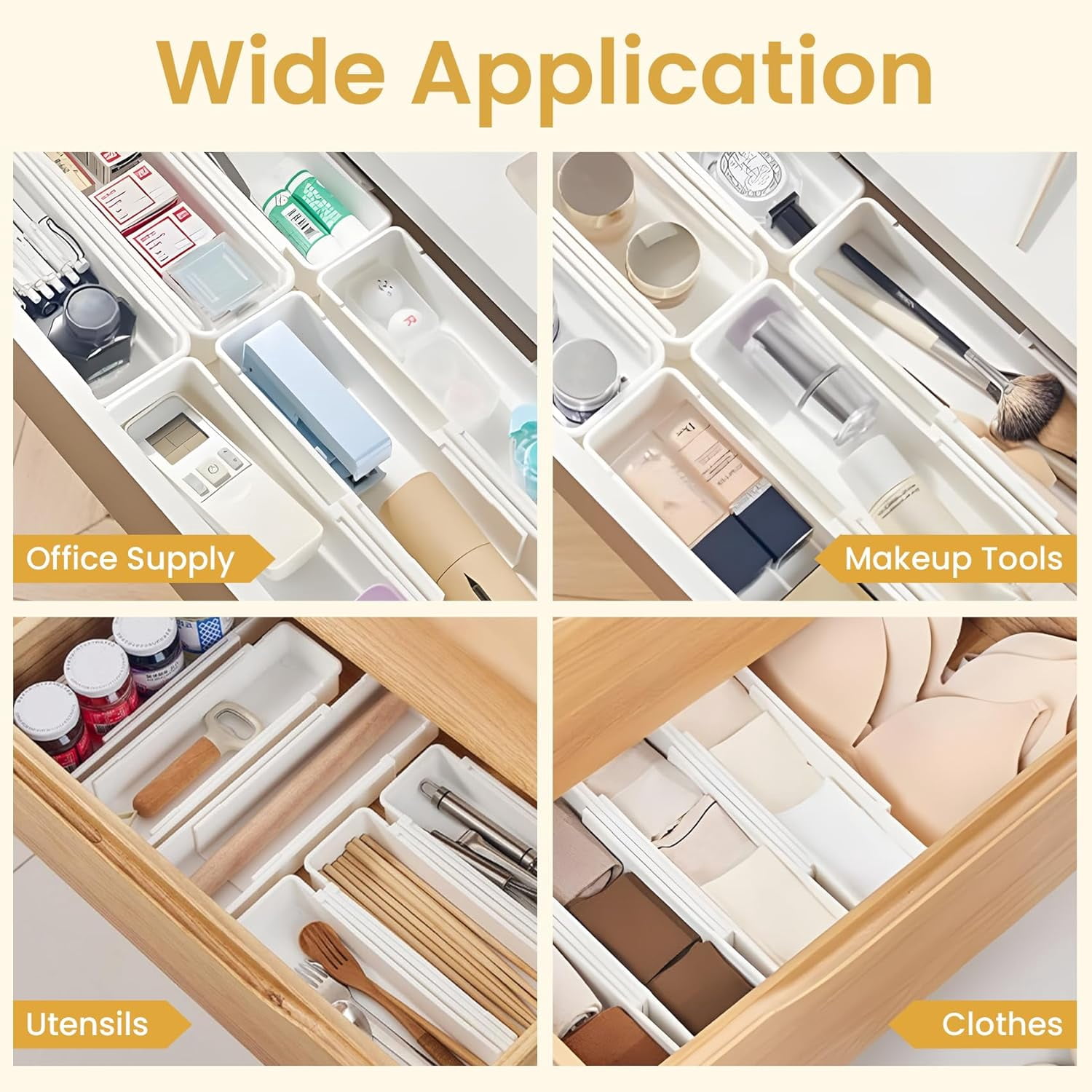 Drawer Organizers Set,Expandable Drawer Organizer Trays,Drawer Organizer Bins for Bedroom,Bathroom, Kitchen, Office (White,4pack)