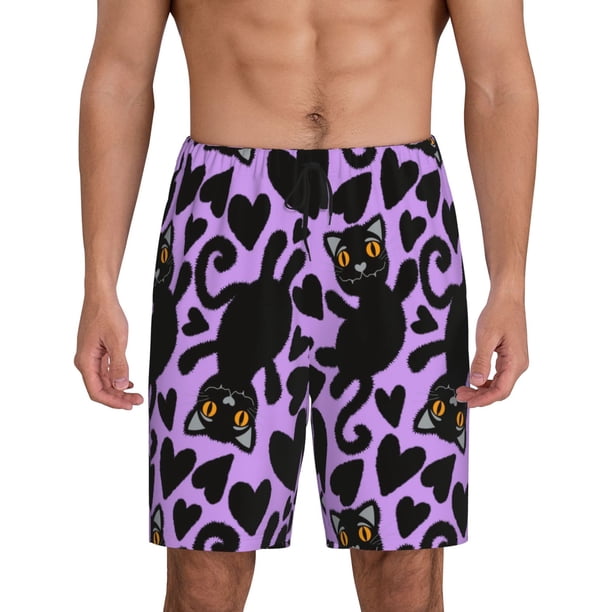 Balery Cartoon Black Cats Pantalones cortos de pijama de punto de algodón para hombre con cinturilla y bolsillos-4X-Large