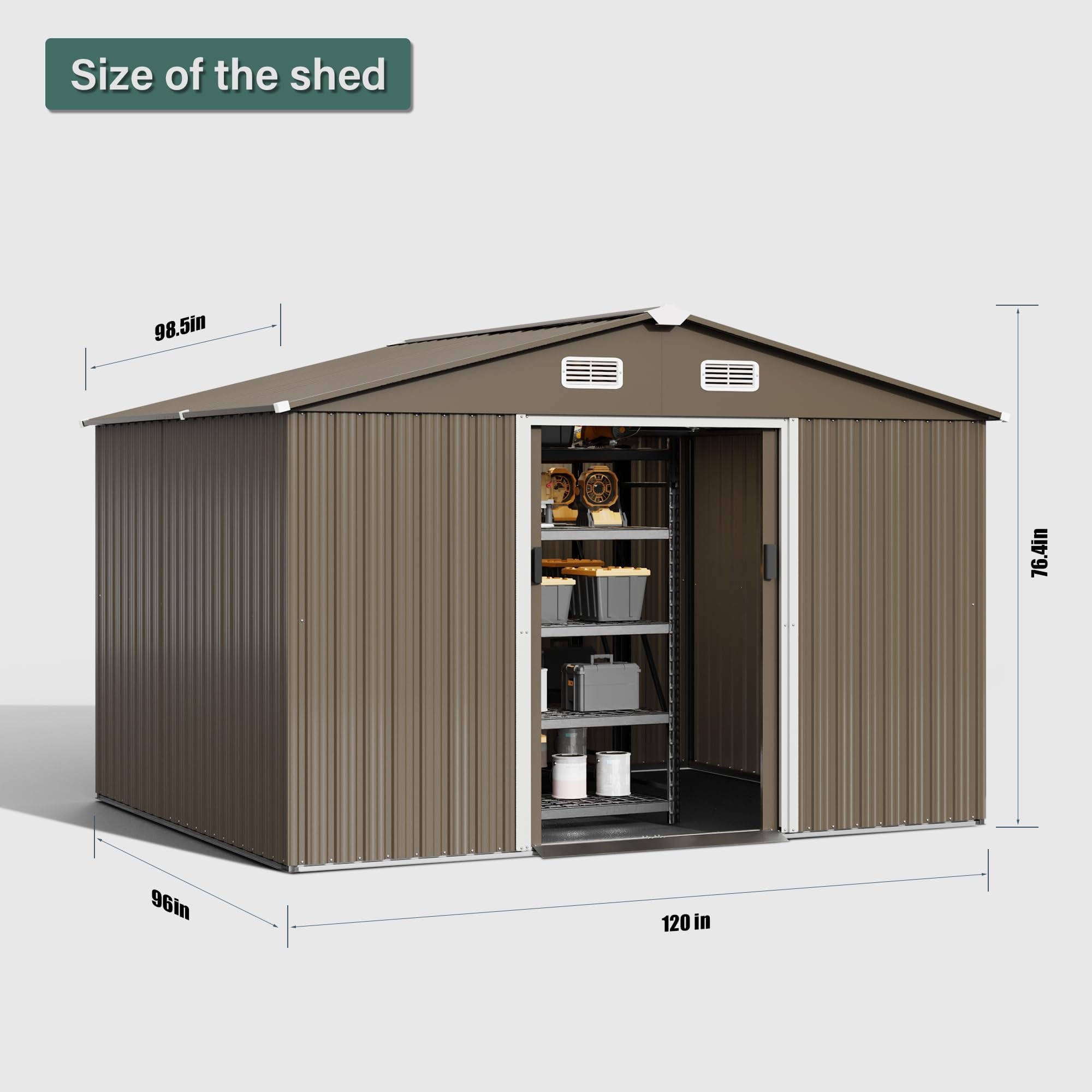 ALAULM 8x6 ft Outdoor Steel Storage Shed with Lockable Sliding Door, Waterproof Metal Tool Shed for Garden, Brown