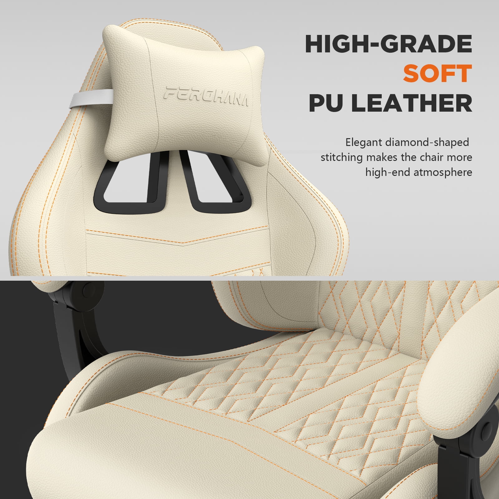 SOONTRANS Gaming Chair with Footrest, Computer Game Chair with Massage Lumbar Support & Headrest, High Back Vintage Office Game Chair for Adults, Beige