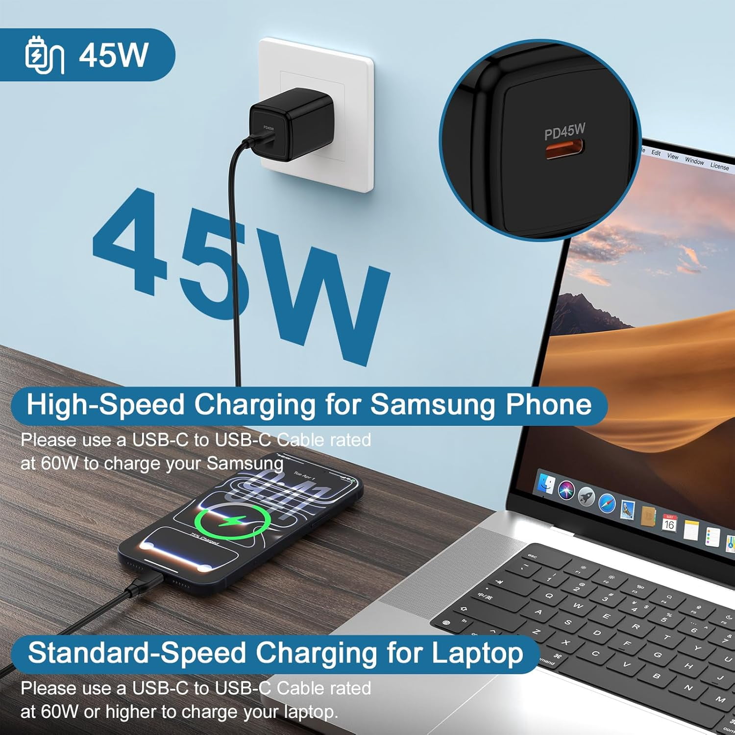 RGHJAR-for Samsung S26 Charger Block 45W Fast Phone Charging Block, USB C Fast Wall Charger Android Charger for Samsung Galaxy S26 Ultra S26+ S26 A37 A57 S25 Ultra S25 FE Edge A17 A16 A36 A26 A56 A15