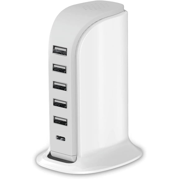 40W Charging Station for Multiple Devices, Fast Charging Blocks with 5 USB and 1 Type C Ports, USB Charging Hub Organizer for iPhone iPad Tablets Smartphones, Home Office Use, White