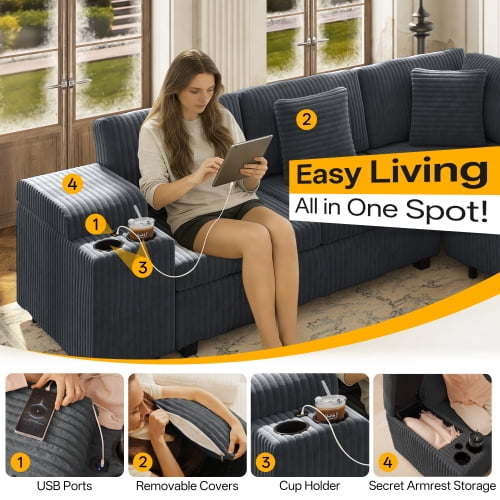 110.2" L-Shaped Convertible Sleeper Sectional Sofa Set with Removable Ottoman, Hidden Armrest Storage, USB & Type-C Charging Ports, Cup Holders, Plush Corduroy, Dark Grey