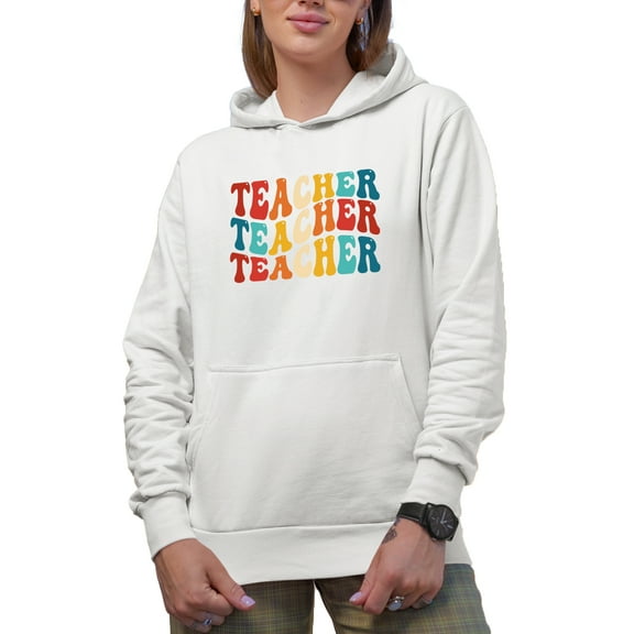 Teacher, Teaching Profession Themed, Groovy Retro Wavy Text Merch Gift, White Hooded Sweatshirt or Hoodie, Small