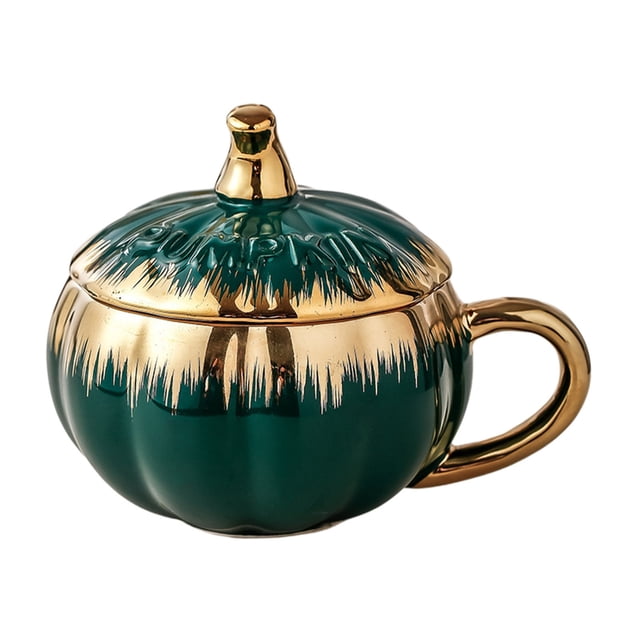 Pumpkin Ceramic Mug with Lid and Spoon, Electroplated Pumpkin Shaped Cup, Cute Mug for Coffee and Tea, Unique Halloween and Autumn Gift for Home and Office Use