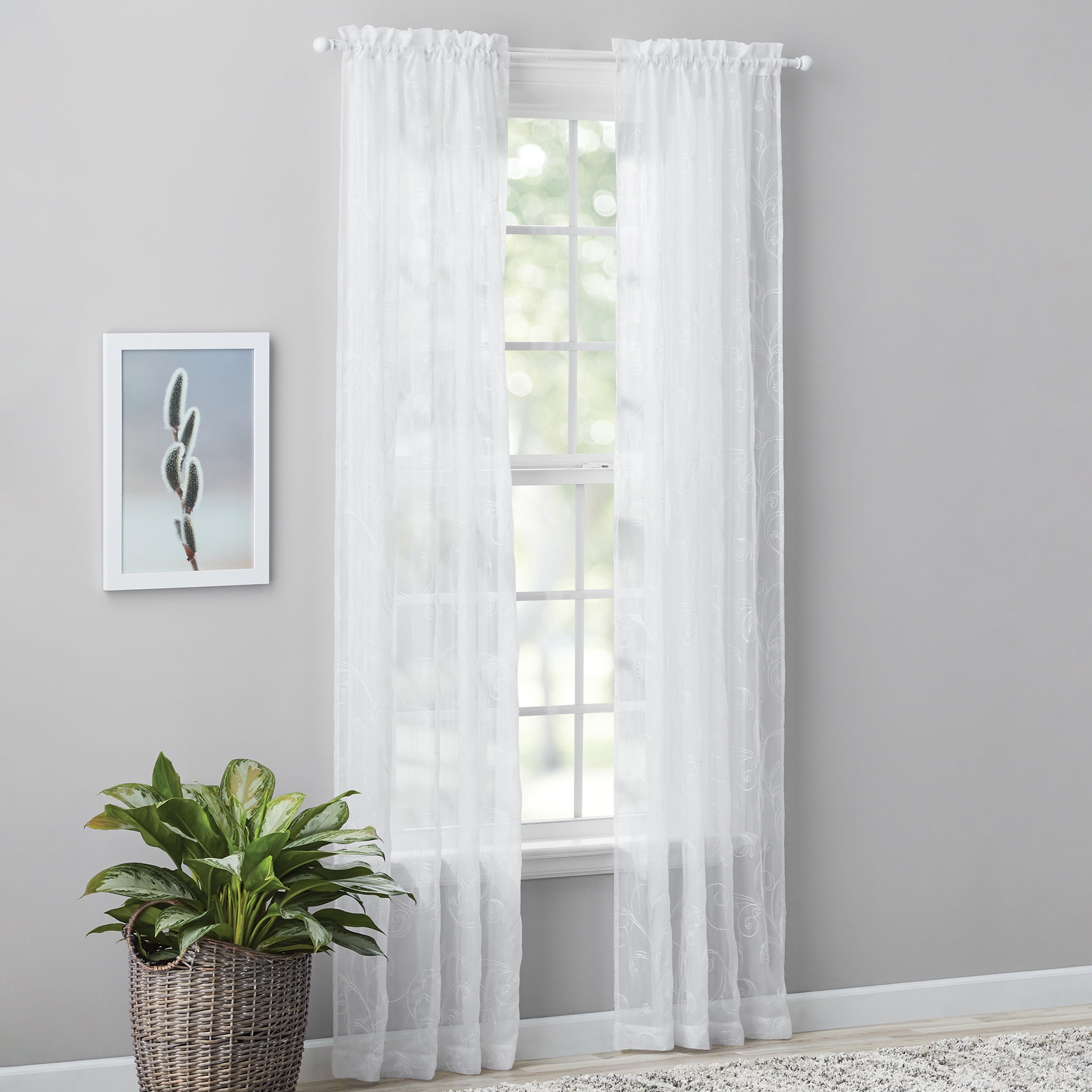 Mainstays Embroidered Scroll Rod Pocket Sheer Curtain Panel, White/White, 38" x 84"