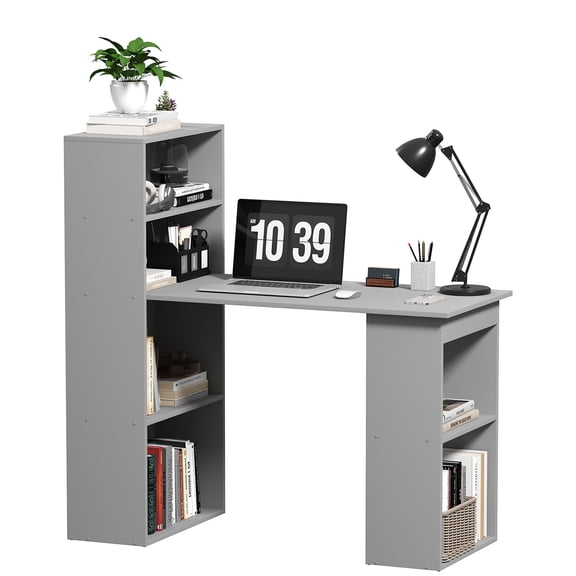 Homiyad Compact Computer Desk with 6-Tier Storage Shelves, Writing Table Workstation with Bookshelf for Home Office, Gray