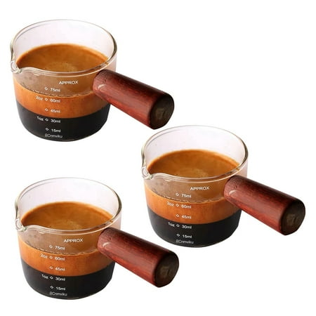 

3X Glass Measuring Cup Espresso Shot Glass 75ML Triple Pitcher Barista Single Spouts with Wood Handle