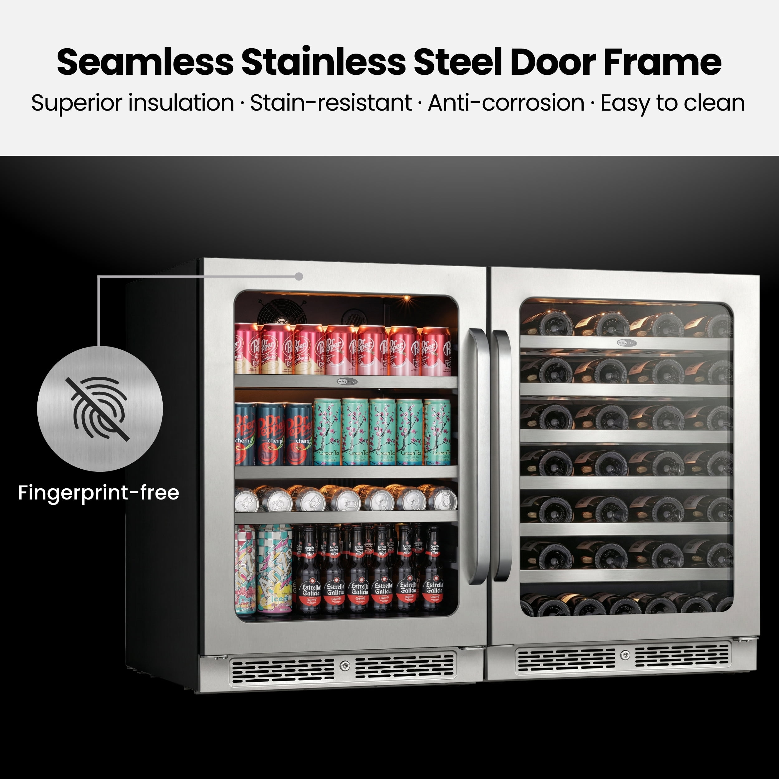 Whynter 48" Wine Cooler and Beverage Refrigerator - 2×24'' Wine Cooler Side by Side - Dual Zone Under Counter Fridge, Hold 140 Cans and 54 Bottles
