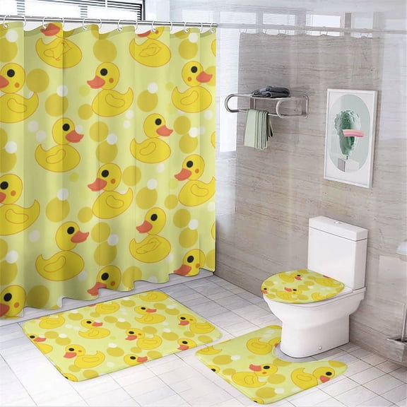 Cute Rubber Duck 4 Pcs Bathroom Shower Curtain Set, Bathroom Sets with Rugs (Bath Mat, U Shape and Toilet Lid Cover Mat) and 12 Hooks,