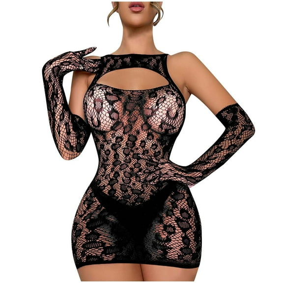 Lovskoo Womens Sleepwear Fishnet Dress Mesh Badydoll Sparkly Rhinestone Sleepwear High Elasticity Hollow Halter Neck Bodycon Dress Underwear Sheer Chemise Black