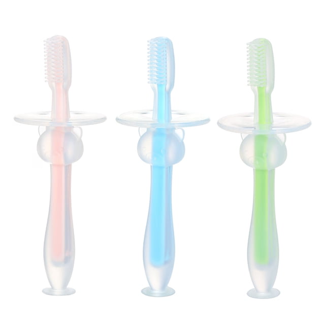 Cepillo de dientes Cepillo de dientes de entrenamiento para bebés de 3 piezas con base de succión para evitar tragar Cepillos de dientes de silicona suave Mordedor Seguro para bebés Juguete para la de TOMSHOO Cepillo de dientes