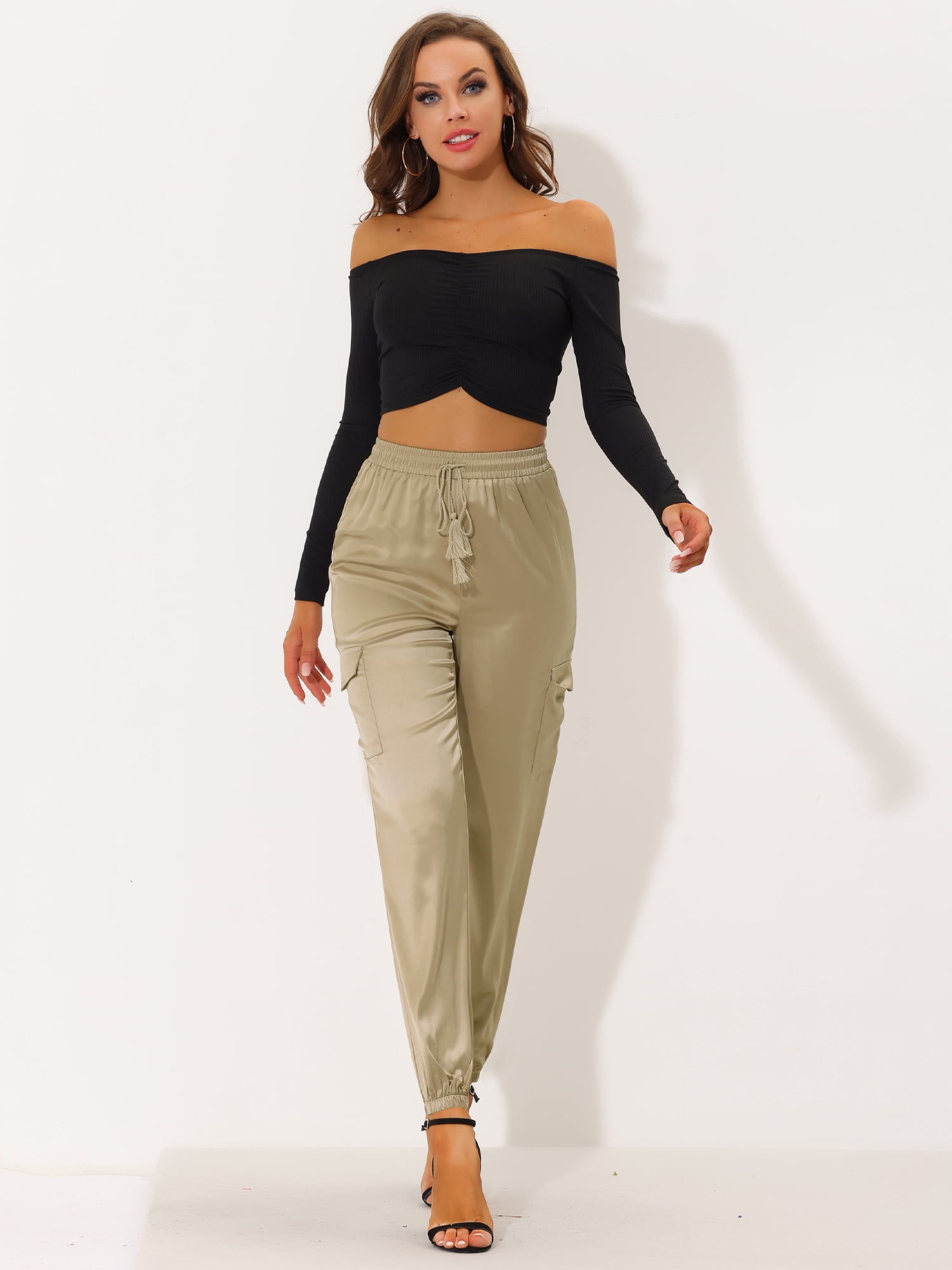DARING DIVA Women's Drawstring Elastic High Waist Satin Cargo Pants XS Khaki