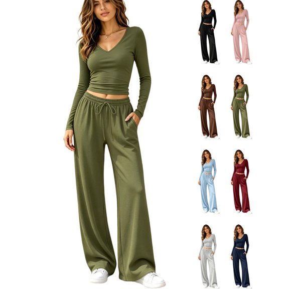 DYTTDG Women’s 2‑Piece Outfit Set, V‑Neck Long Sleeve Crop Top & Drawstring Elastic Waist Wide Leg Pants with Side Pockets, Solid‑Color Casual Loungewear Suit for Fall Winter Daily