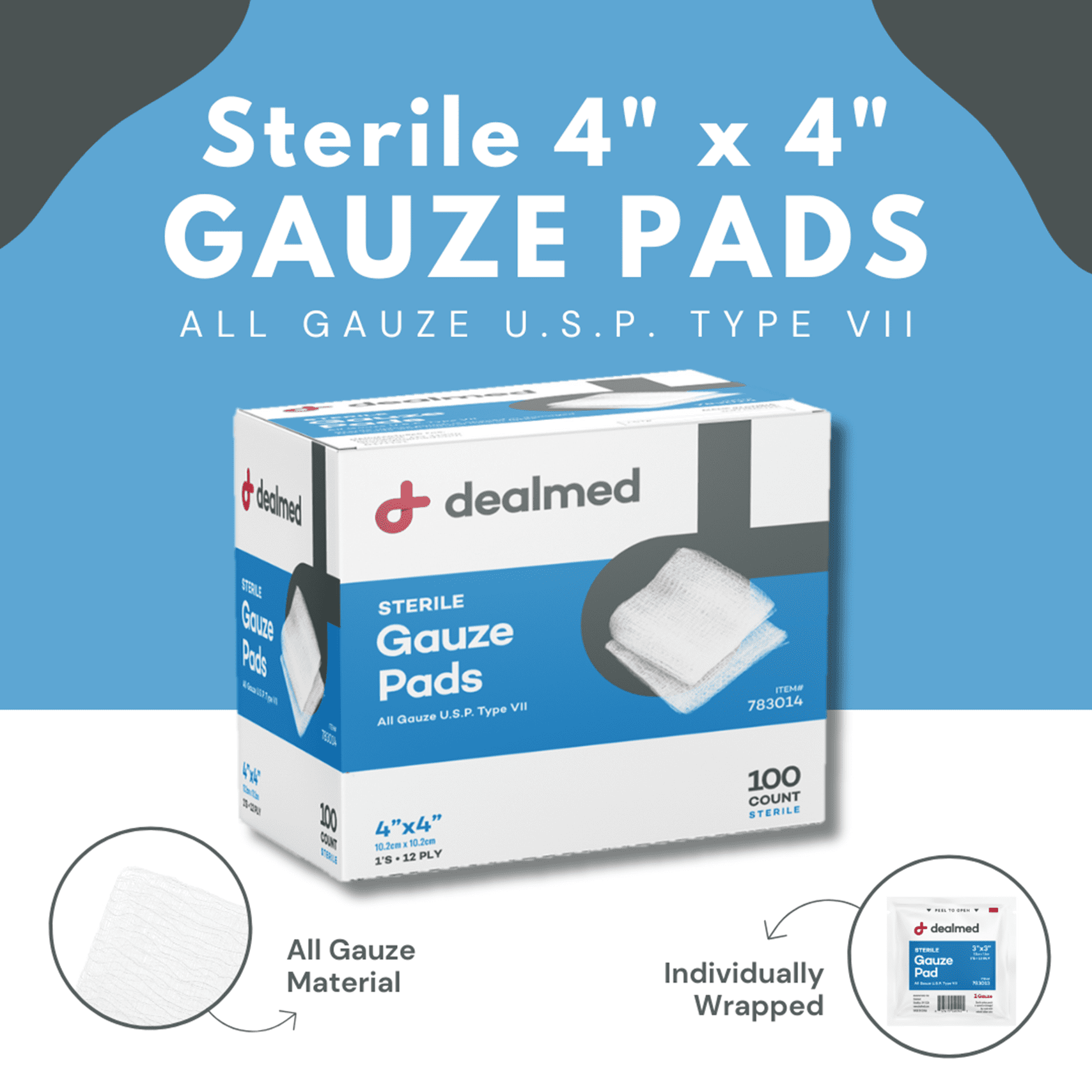 Dealmed 4’’ x 4’’ Sterile Gauze Pads, 12-Ply, Individually Wrapped, Wound Care Product for First Aid Kits, Medical Facilities 100/Box (Pack of 12)