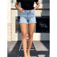 thumbnail image 6 of Women's High Waisted Light Blue Denim Shorts with Frayed Fringed Hem and Double Button Closure, Casual Summer Jean Shorts, 6 of 7