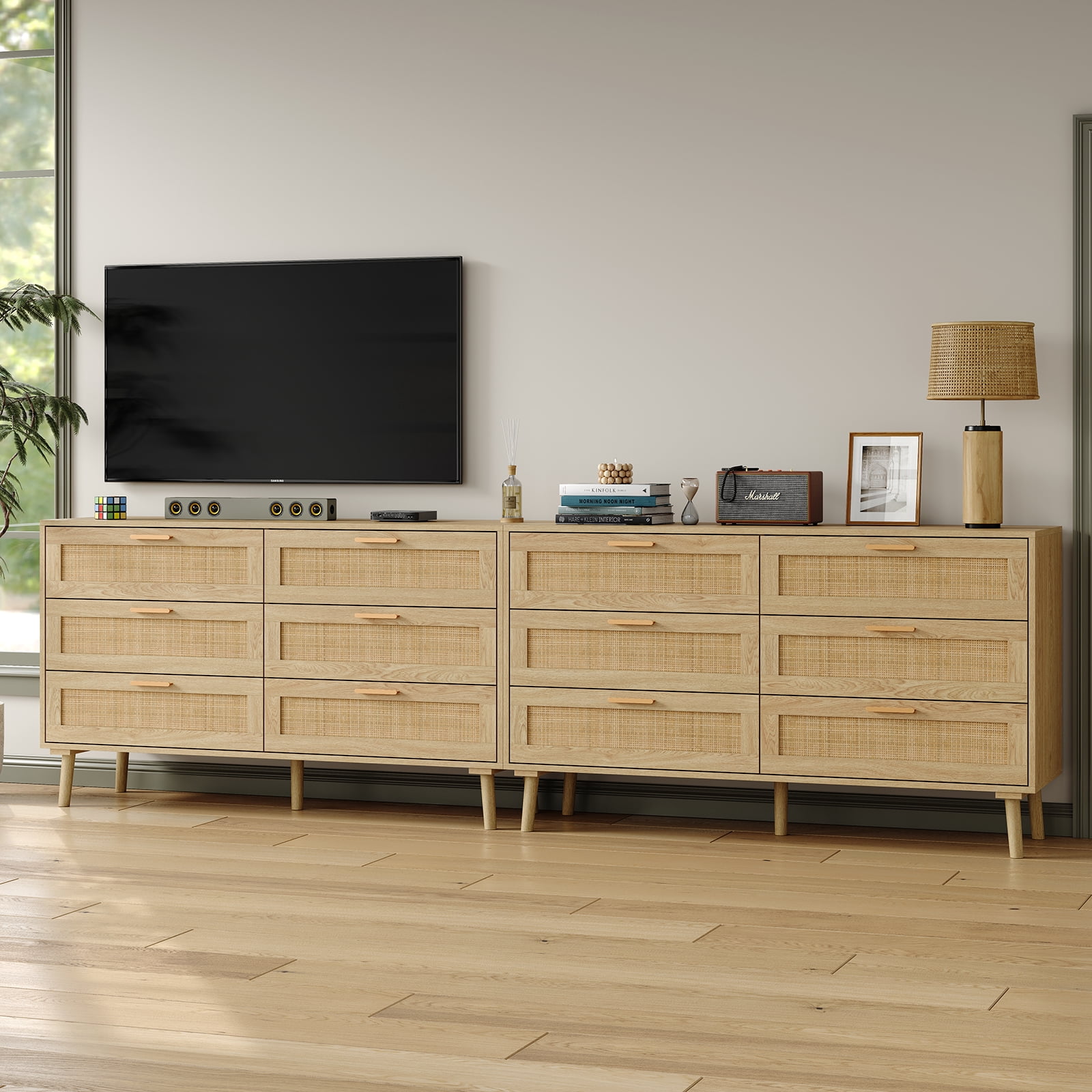 Furnihold Rattan Dresser for Bedroom 47.3''W 6 Drawer Dresser Modern Dressers & Chests Wood Natural Dresser Beside Table for Living Room, Hallway