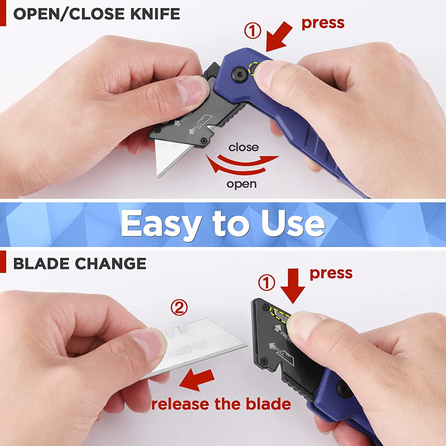 Folding Utility Knife, Quick Change Box Cutter, Razor Knife for Cartons, Cardboard, Boxes, Blade Storage in Aluminum Handle, 13 Extra Blades Included (Blue)
