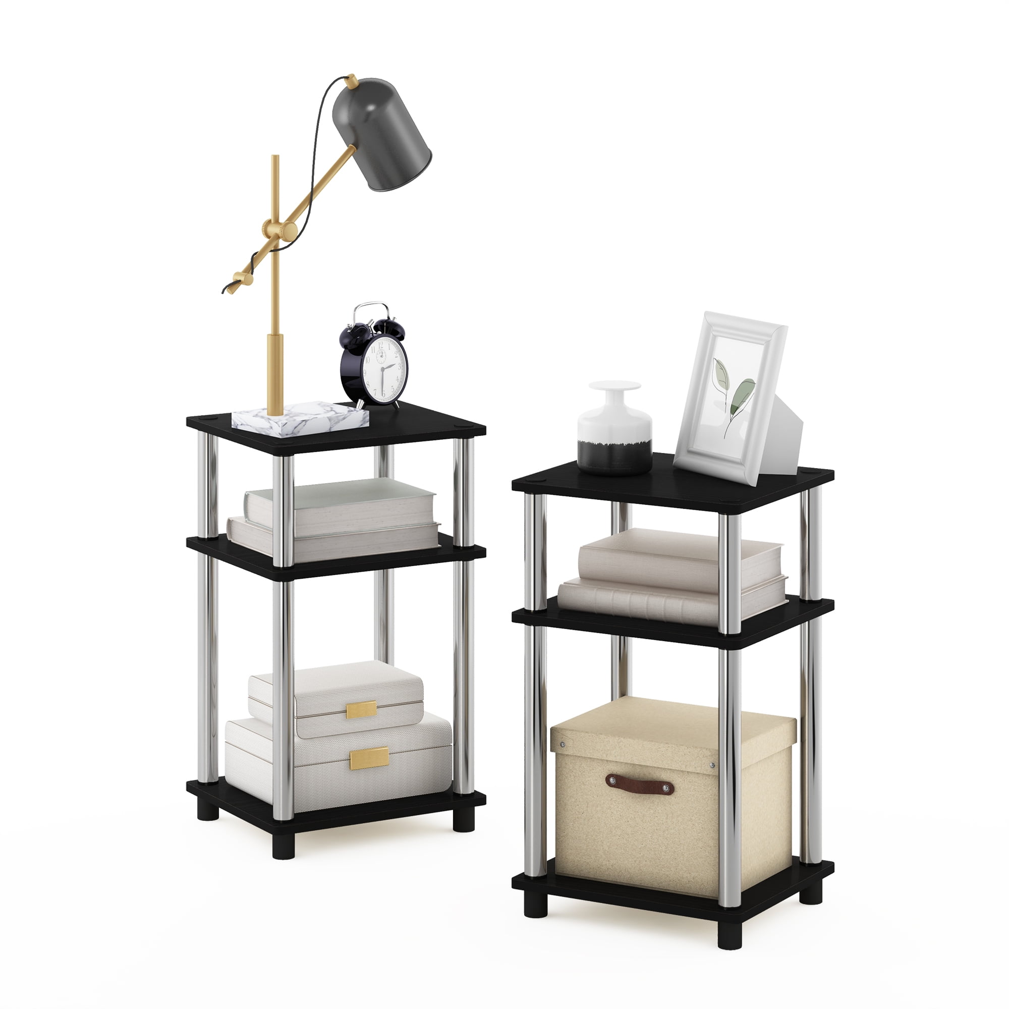 Furinno Just 3-Tier Turn-N-Tube End Table, 2-Pack, Americano/Chrome