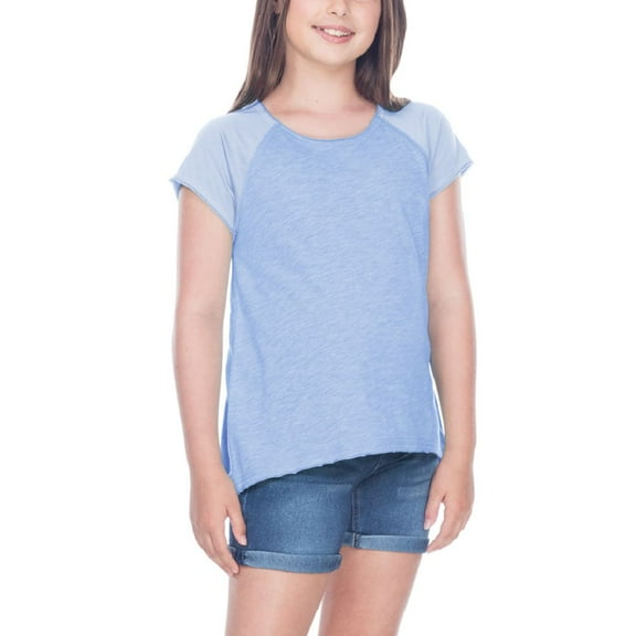 Girls 7-16 Slub Jersey Raw Edge High Low Contrast Raglan Short Sleeve Azure/Blue S